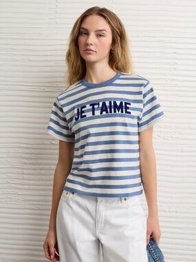American Eagle (NWOT) Striped 'JE T'AIME' Graphic Tee - Blue & White - size XL